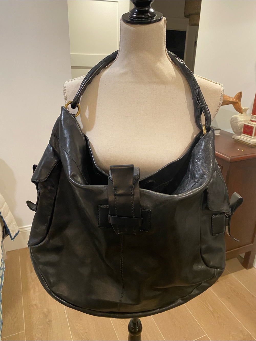 Frye Black Leather Braided-Handle Hobo